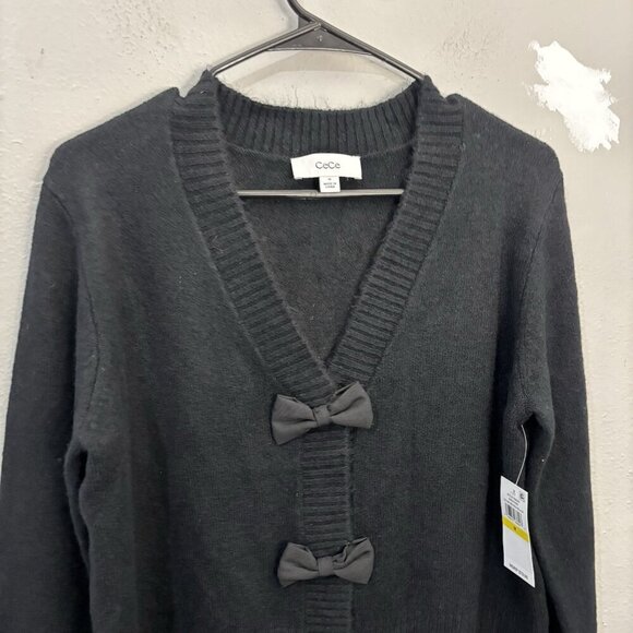 CeCe Bow Button V Neck Cardigan Black Women Medium - Picture 4 of 14